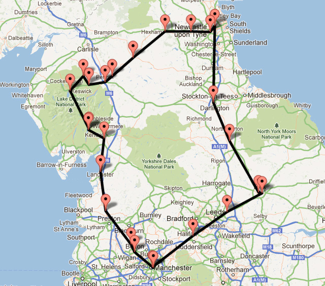 Mapa de nuestra ruta en bicicleta por el centro de Inglaterra