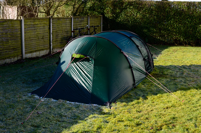 Sleeping in the camping tent in a farm in winter